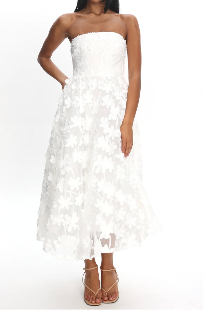 Selfie Leslie Dori Floral Embellished Strapless Midi Dress White Xs